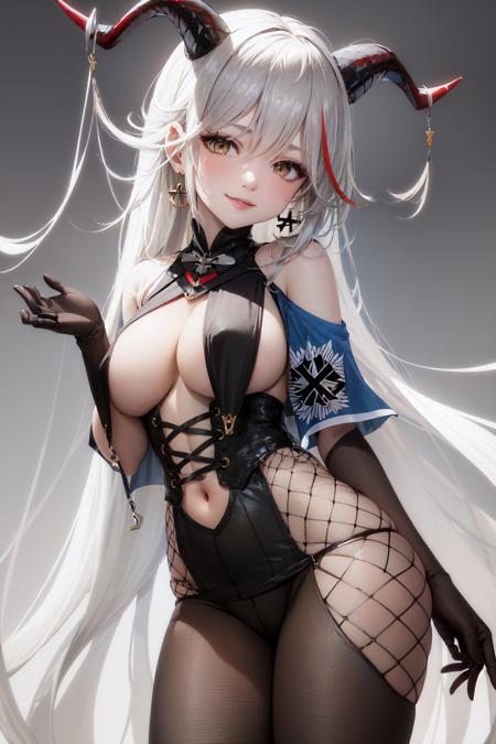 (masterpiece, best quality:1.2), <lora:azurlane_aegir-11:1>, cowboy shot, solo, 1girl, aegir, smile, looking at viewer, cross-laced clothes, bodystocking, breast curtains, underbust, cape, (elbow gloves:1.1), jewelry, earrings, iron cross, bare shoulders