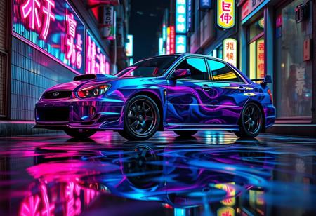 A 2006 subaru wrx sti sedan, coated in a Liquid Marble blend of deep indigo, ultraviolet purple, and electric cyan, parked in a narrow Tokyo alleyway glowing with vibrant neon lights. The wet pavement has transformed into a glossy Liquid Marble surface, swirling with reflections of neon pinks and blues, shifting like an otherworldly mirror. Neon kanji signs flicker on the walls, their distorted reflections stretching across the fluid-like ground. The chrome bumpers and round side mirrors shimmer, absorbing the ambient glow, while the black alloy wheels with polished lips contrast against the flowing, futuristic scene.
