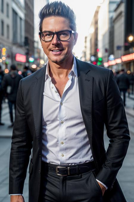 ga_zakbag, male, black hair, thick rimmed glasses, muscular, wearing a tuxedo, 
looking at viewer, from front, smile, red carpet, celebrity photo, hollywood, 
photorealistic, high quality photography, canon eos 5d mark ii, 8k, photo by Annie Leibovitz, detailed skin, ultra realistic, bokeh, sharp features, centered in frame, facing camera, symmetrical face, ideal human, 90mm lens, f16, photography, ultra details, photo