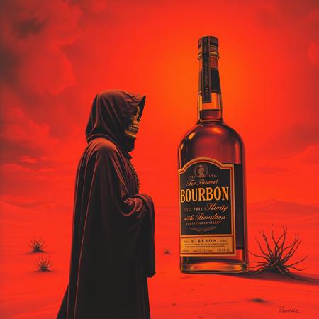 Dark art Side view of an cloaked ominous monk from the 70s-style pulp paintings carefully looking amazed at a gigantic a bottle of bourbon sitting in a red mystical psychedelic desert, The sky is red and otherworldy. The monks grinning skeletal face is barely visible. He is overwhelmed by the giant bourbon bottle. Duotone: Burnt orange and deep plum. Mood: Occult ritual meets 80's crinkled concert poster art style.
