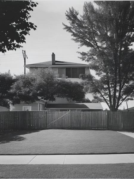 <lyco:RobertAdams:1.0> 1960s black and white photography of a fenced in suburban yard