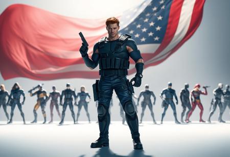 A muscular brown-haired Daredevil in blue/black tactical gear stands confidently on a stark white surface, gun in hand, hand on hip. A large American flag dramatically unfurls behind him. In the background, diverse Daredevil figures in dynamic poses. High-res 4K cinematic lighting, dynamic action pose, impeccable composition. Octane Render, Unreal Engine 5, Raphael Style influence. Trending on Artstation, CGSociety.