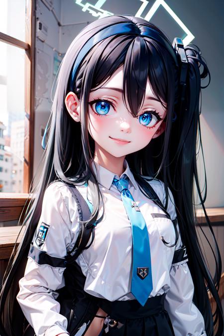 zzArisu, blue eyes, black hair, long hair, one side up, hairband, halo white jacket, white shirt, blue necktie, black skirt, pleated skirt,