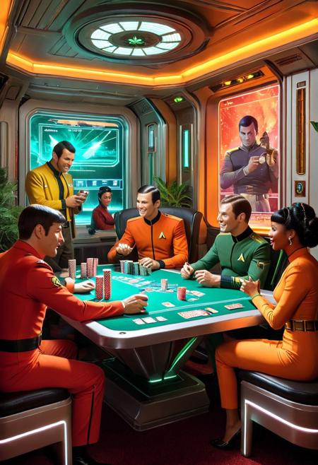 A group of Starfleet officers playing poker in a dimly lit lounge on the USS Enterprise, with Spock raising an eyebrow as he bluffs his way through a hand. Kirk is grinning, McCoy is scowling, and Uhura is watching the game with amusement. The lounge is filled with the sounds of clinking glasses and hushed conversations. The style is a blend of cinematic realism and retro-futurism, 420futurism reminiscent of the works of Norman Rockwell and Syd Mead, with a color palette of warm browns, reds, and oranges, surreal setting, colorful textures, high fidelity