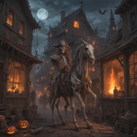 Create a grimdark digital art piece inspired by Charles Fremont Conner, set in Utah during Halloween. A headless skeleton rides a ghostly horse made of fire, standing outside a wizard's shop that incorporates clockwork steampunk elements. In the foreground, include a headless figure resembling Jim Carrey as Jack Sparrow. Ensure the artwork has a haunting and mystical atmosphere. The piece should be anatomically incorrect and have a unique, otherworldly feel to it.