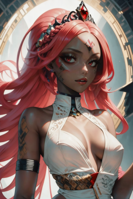 anime style, digital painting, 1girl, woman, malevolent goddess, (very high collar:1.3),(huge opulent crown:1.3),(intricate tattoos:1.3), bombshell hair, red hair, bob cut,Basket Weave Braid, toned body, athletic build, narrow waist, wide hips, small breasts, (african, dark skin:0.6)<lora:EnvyBeautyXL07:1>