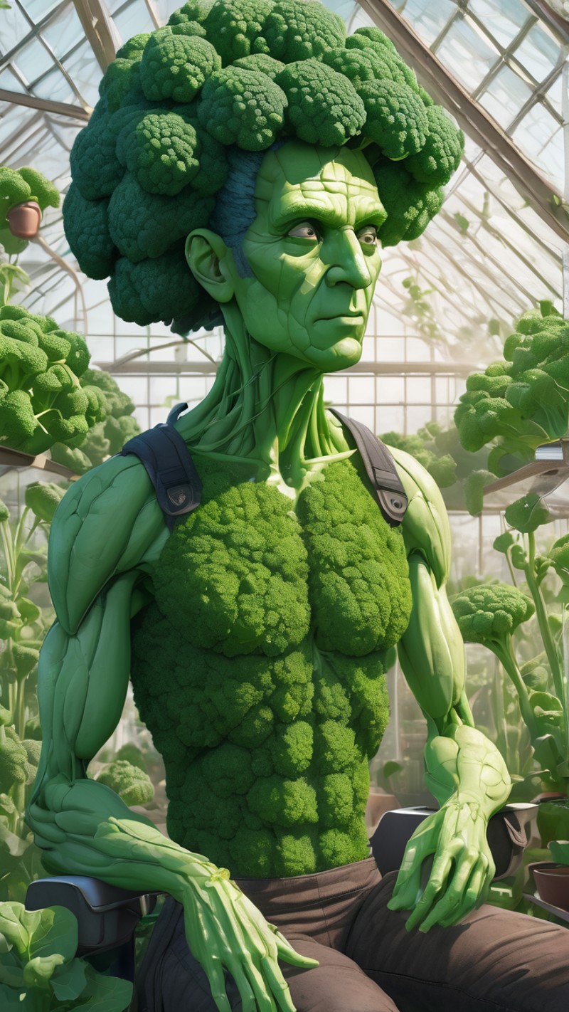 A vivid, 8k resolution scene showcasing a tall, green Broccoli humanoid, with florets resembling a wild hairdo, diligently...