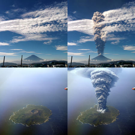 a volcano is having a large plinian eruption at the top of a distant mountain, ash clouds, dark clouds, white clouds, a mushroom cloud