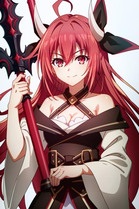 (extremely detailed CG unity 4k wallpaper),(masterpiece),(best quality),(ultra-detailed),(best illustration),(best shadow),(absurdres),(detailed background) <lora:OGT_Kotori_Itsuka-v2:1> Kotori Itsuka, 1girl, horns, red hair, red eyes, long hair, solo, breasts, cleavage, weapon, smile, ahoge, ribbon