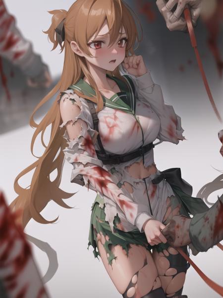 <lora:miyamoto_rei_v1.3:1.0>,
1girl, serafuku, green sailor collar, white shirt, green skirt, thighhighs, ponytail,high-waist skirt, black bow, long hair, blood, scared, torn clothes, torn legwear, torn shirt, torn skirt, surrounded, zombie, pov hands,, masterpiece, best quality, highly detailed