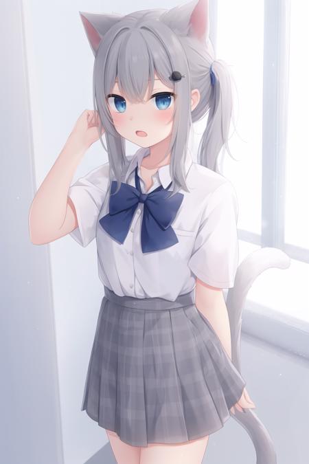 nachonekos, 1girl, animal ears, skirt, shirt, tail, blue eyes, white background, cat ears, white shirt, collared shirt, cat tail, bangs, short sleeves, solo, blue bow, grey hair, bow, pleated skirt, hair ornament, cat girl, dress shirt, plaid skirt, arm up, plaid, long hair, hair between eyes, simple background, grey skirt, blush, short shorts, looking at viewer, school uniform, holding, open mouth, shorts, ponytail, hairclip, hand up