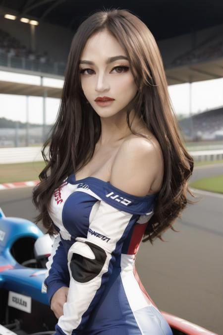 caryl_V1,aesthetic portrait, medium_breasts, long_hair, off_shoulder, absolute_cleavage, tight_clothes, racequeen, race_queen, race_track, race car