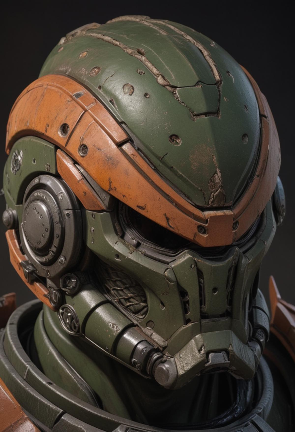 A detailed view of a green and orange robot helmet with a damaged face.