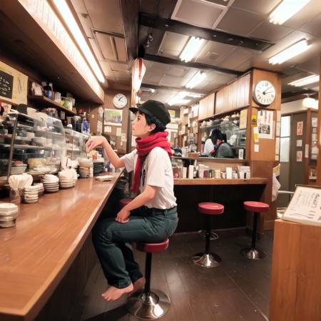 best quality, ultra-detailed, illustration,
sakaba, stool, 1boy, indoors, solo, male focus, black hair, sitting, scenery, wide shot, shop, hat, chair, clock, shirt, pants, holding, shelf, table, scarf, ceiling light, japanese architecture, japan, realistic, photo background, photo (medium)
<lora:JAPN_SCENERY_TaisyuSakaba_SD15_V1:1>