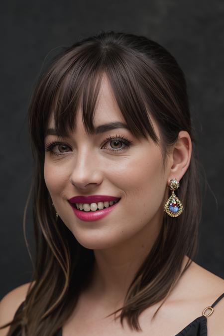 <lora:d4k0t4:0.9>, a Realistic photo of a d4k0t4 woman,long hair, looking at viewer, bangs, simple background, brown hair, jewelry, earrings, teeth, grin, lips, makeup, portrait, realistic, soft lighting, professional Photography, Photorealistic, detailed, inside a dark Studio Room background, blurred background, RAW, analog, sharp focus, 8k, HD, DSLR, high quality, Fujifilm XT3, film grain, award winning, masterpiece