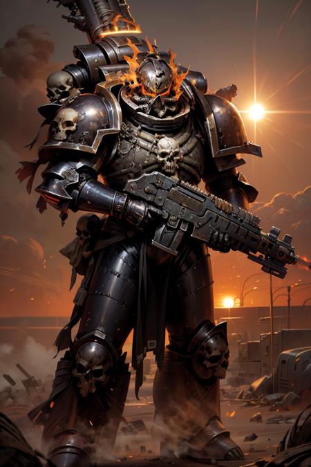 photo of damned, wearing full armor, skull, burning, flaming halo, flaming eyes, glowing eyes,  armor, helm details, skull, scorch armor, armor detail, charred metal trimmings, holding gun, rifle, 
battle, army, firing, gun, 
standing by desert storm, sandstorm, dune, dark ambiance,  ((dawn:1.2)), dim sun light,     <lora:tool - add_detail:0.6>  <lora:Legion of the Damned MK1 by CARAXES:0.7>