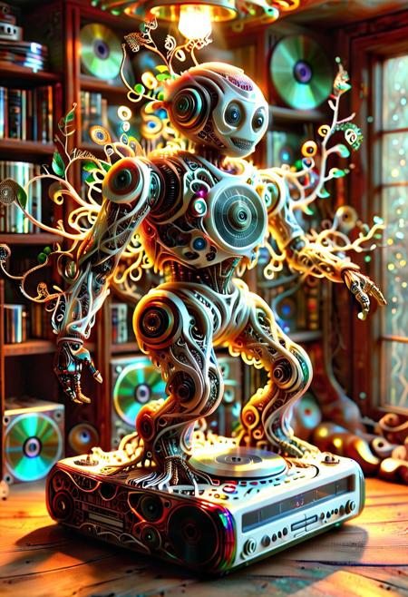 auralora, Fractangles, ral-frctlgmtry, fractal-flame, fractalex, fractalvines, PG-TR. A nostalgic scene: A (brass white vintage CD player robot, dancing, playing the title roots4my_vine:1.5) sits atop a dusty wooden shelf, glowing from inside, motionblur, surrounded by stacks of worn-out jewel cases, each containing a prized collection of CDs. The warm glow of a retro lamp made from fractal vines casts a soft light on the cluttered space, as if illuminating the memories of a bygone era. In the foreground covered in fractal vines, a few select CDs are arranged in a deliberate pattern made of cd's made out of fractangles, like a fractal, symbolizing the beauty and complexity of the music that once filled these discs. Sharp details, looking at the viewer, good mood, cheerfulness, natural light, smooth details, one ray of light
