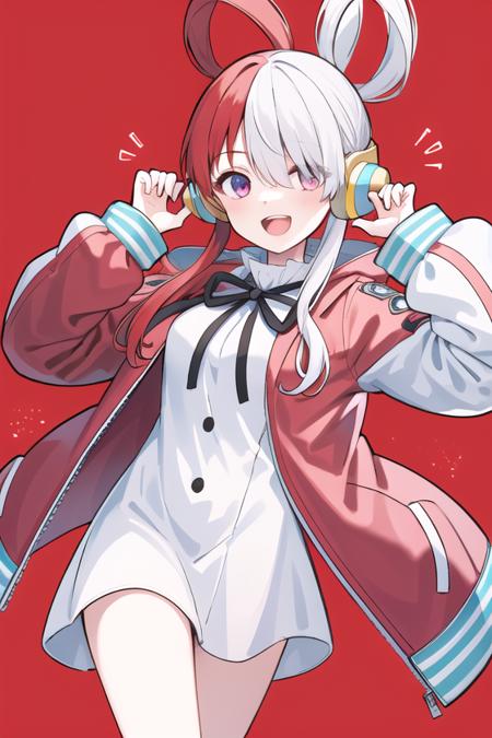 utaonepiece, 1girl, solo, red background, dress, sleeves past wrists, white dress, smile, headphones, jacket, open mouth,  looking at viewer, sleeves past fingers, long sleeves, :d, open clothes, open jacket,  red jacket, blue theme