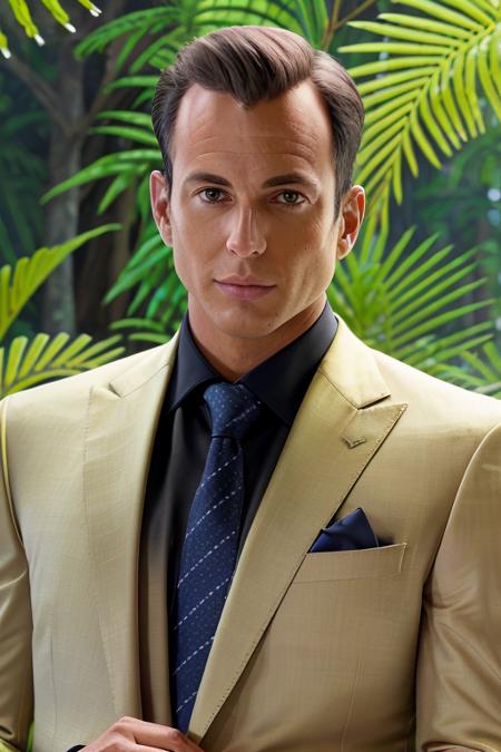 a tan man in a $3000 suit <lora:willArnett:1> in a jungle paradise, RAW, 8K, UHD, candid, amateur, close up, ((thinking he made a big mistake))