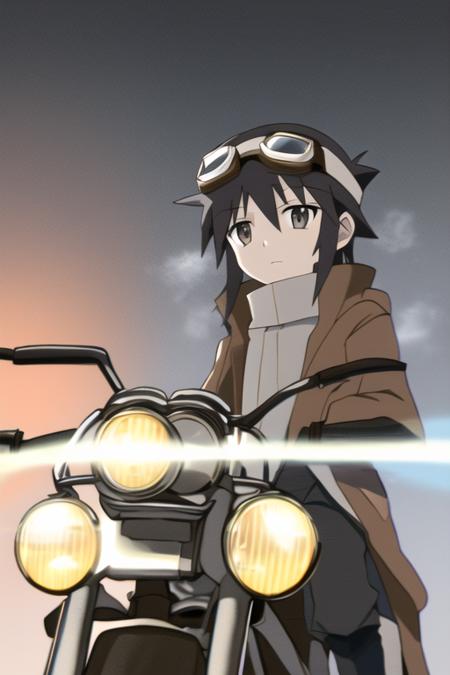 kino, 1girl,  androgynous, brown hair, (goggles:1.3), standing next to a motorcycle, on a snowy road tokyo street at night with red lights from above in the background by krenz cushart!! trending artstation!!! pixiv top profile cinematic dramatic volumetric lighting closeup view up angle hd 4x 8K sharp high