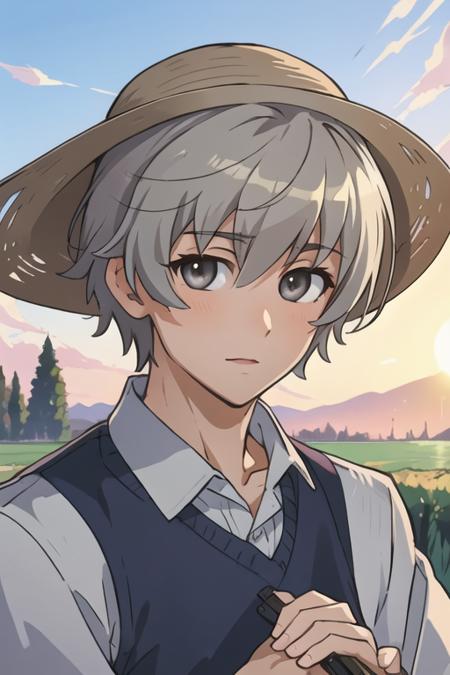 masterpiece, best quality, wallpaper, 1boy, solo, male focus, looking at viewer, , depth of field, <lora:haruka_kasugano:0.74>, haruka_kasugano, grey hair, grey eyes, , sun hat, fairytale, 2k resolution