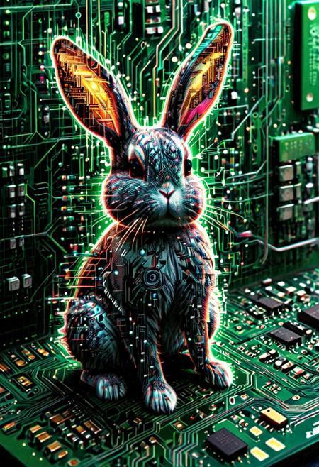 Chibi bunny made of circuit board, (TzigoCBS style) 
Pg-rating,
masterpiece ,amazing quality, best quality,ultra-detailed,8K,illustration, amazing quality, vivid colors, score_9_up,score_8_up, score_6_up,score_7_up, very aesthetic, detailed, shiny, glow, best artist, best shadows, best lighting, best textures, best contrast, epic background,