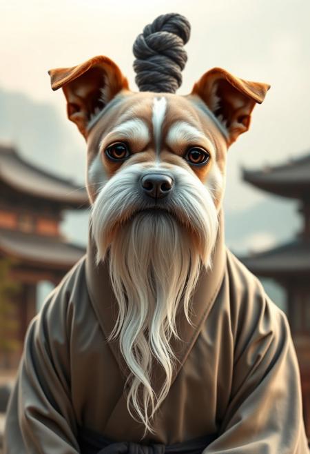 A photorealistic portrait of a cute dog with a flat, squashed face, styled like a martial arts master. The dog has a long flowing white beard extending far below its chin, large bushy white eyebrows, and long sideways white whiskers. On top of its head is a traditional topknot bun, resembling Pai Mei from Kill Bill. The dog is wearing traditional East Asian monk robes in neutral tones, with a black sash. It stares directly into the camera with a calm, superior expression. The background is a misty mountain temple scene with warm natural lighting. Vertical 9:16 aspect ratio.