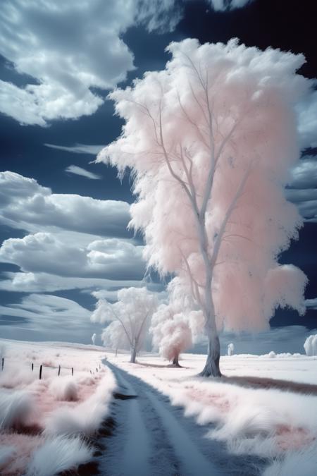 <lora:Infrared Photos:1>Infrared Photos - Beautiful landscape with white trees and grass in front of cloudy dark blue sky. Surreal infrared world. photorealistic photography.