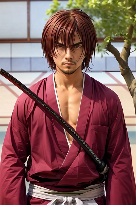 realistic, SamuraiXQuiron man, 
solo, long hair, 1boy, ponytail,  male focus, red hair, japanese clothes,  kimono, scar, katana, sheath, scar on face, samurai, 
<lora:quiron_SamuraiX_v1_Lora:0.77>