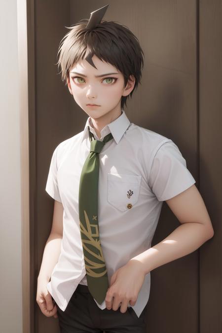 (masterpiece, best quality:1.2), <lyco:danganronpa2_hinata-11:1.0>, cowboy shot, solo, male focus, 1boy, hinata hajime, expressionless, closed mouth, looking at viewer, hand in pocket, ahoge, collared shirt, breast pocket, green necktie, short sleeves, black pants