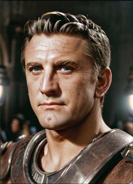 ( <lora:KirkDouglas:1>) Medium Torso Portrait photo of (kd1) man with (short blonde crewcut hair), Detailed face, (perfect eyes), (realistic matte skin:1.1), perfect body, wearing  ((Roman Centurion Gladiator Costume)), Modelshoot style, Professional Photography, soft  lighting, PHOTOREALISTIC, Realistic, standing in a dark studio background, blurred background, volumetric fog,. RAW, analog style, sharp focus, 8k, HD, DSLR, high quality, Fujifilm XT3, film grain, award winning, masterpiece,