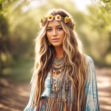 a photo of a young woman dressed in a tie-dye maxi dress or a peasant blouse paired with bell-bottom jeans and fringe accessories. She wears a headband or flower crown in her long, flowing hair. The setting is a bohemian-inspired outdoor music festival or a peaceful nature backdrop, capturing the free-spirited and laid-back vibe of the era
<lora:RetroStyleV1:0.5> 60Retro69Punch75