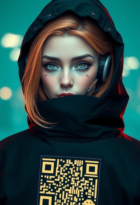 cyberpunk, closeup portrait of a woman with a half robot face, pastel teal/orange colored,  wearing a black high collar hooded parka with technical macro writing resembling an qr-code//bar-code on the back, solo, woman, high collar parka,