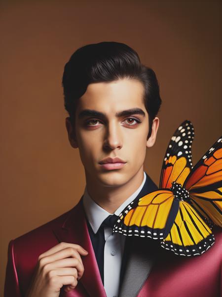 <lyco:SachaGoldberger:1.0> a 1960s midcentury handsome male model metamorphosing into a monarch butterfly , in the style of sacha goldberger and Martin Scorsese , vivid colors film finish,high resolution hyper realistic, penelope rosemont, realistic portrayal, sharp focus, groovy, beautiful cinematic lighting