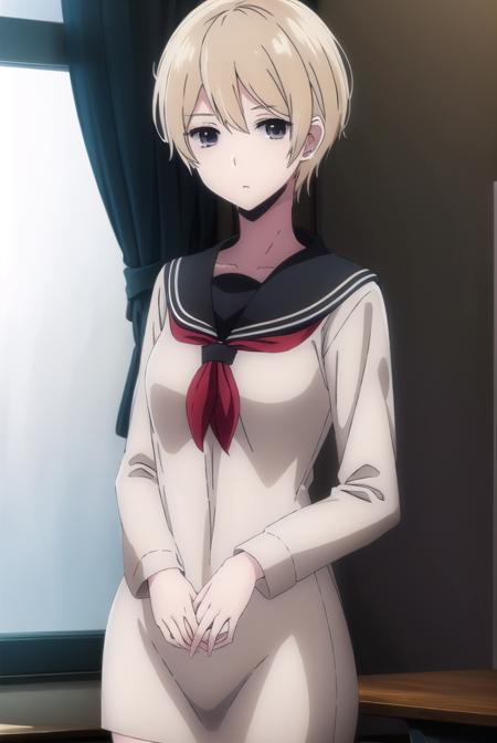 meihayakawa, <lora:mei hayakawa s1-lora-nochekaiser:1>,
mei hayakawa, short hair, bangs, blue eyes, blonde hair, hair between eyes, (black eyes:1.5),
BREAK shirt, long sleeves, jewelry, school uniform, white shirt, earrings, serafuku, sailor collar, neckerchief, red neckerchief, black sailor collar, stud earrings,
BREAK indoors, classroom,
BREAK looking at viewer, (cowboy shot:1.5),
BREAK <lyco:GoodHands-beta2:1>, (masterpiece:1.2), best quality, high resolution, unity 8k wallpaper, (illustration:0.8), (beautiful detailed eyes:1.6), extremely detailed face, perfect lighting, extremely detailed CG, (perfect hands, perfect anatomy),