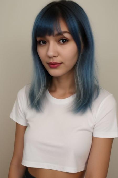 sugar babe 20 yo blond girl, "bosshi  crop to shirt, blue hair,,,,,,, red shirt,, otoko no ko,,,,, swept bangs, "mature comics",