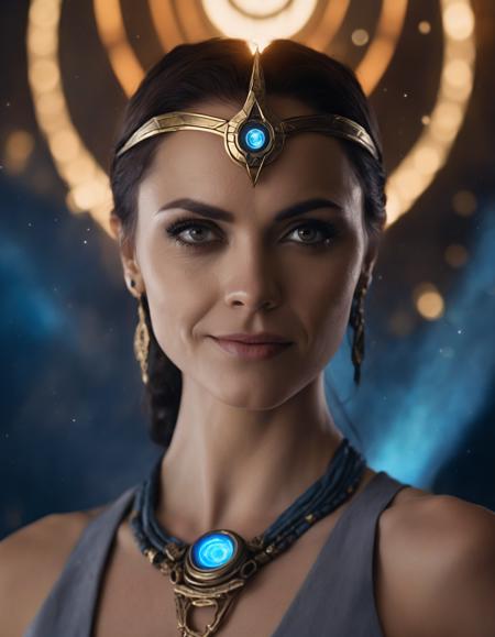 cinematic photo hyper realistic closeup portrait painting, beautifully rendered,  (((ohwx woman))) as an Shiva goddess, halo ring of light, astral artfact, nebula in the background, painted by greg rutkowski, wlop, artgerm, dishonored 2  <lora:ricci_lora_sdxl_v1-000008:1> . 35mm photograph, film, bokeh, professional, 4k, highly detailed