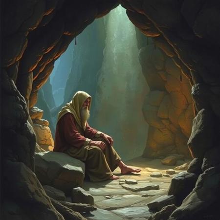 Fantasy artwork in the style of Michael Whelan. Philemon the ascetic monk sitting in the cave he calls home
