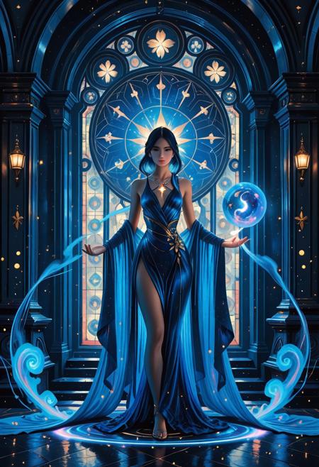 masterpiece, absurdres, 8k, HQ, celestial woman, stained glass portal, flowing aquamarine gown, cosmic backdrop, glowing ethereal light, divine elegance, fantasy realism, intricate filigree, interstellar aura, rococo structure, atmospheric lighting, luminous hair, high detail, 16k, hdr, cinematic fantasy, digital painting, Jean-Baptiste Monge, Artgerm, WLOP