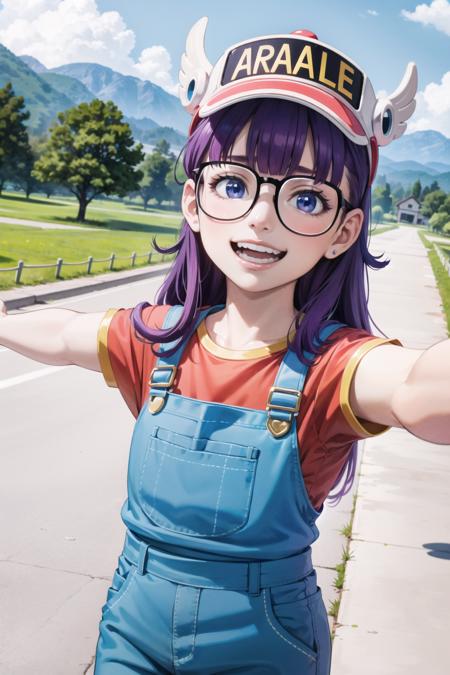 8k,(masterpiece:1.4)(best quality:1.4),(top quality), 1girl,arale, glasses,blue eyes, long hair,purple hair, smiles,short sleeves, wing hat , red shirt,blue overalls,outstretched arms, village, outdoors,   looking at viewer, solo focus, (shiny skin) , <lora:arale:0.7>