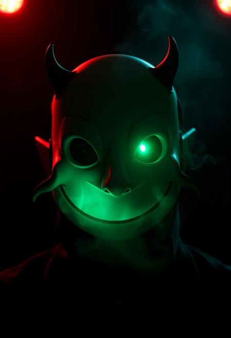 A close-up photograph of a man wearing a highrise mask resembling a large, exaggerated smile emoticon, with small, devilish horns subtly emerging from the sides. The mask, devoid of a nose or eyes, evokes a surreal and unsettling vibe. Shot using Panavision aspherical lenses at 40mm, the scene is lit with cinematic studio lights and a soft red, low diffuse light from behind. A narrow spot beam faintly illuminates the area where the mask’s eyes and nose should be, drawing focus to its eerie emptiness. Light greenish fog and white smoke swirl around the figure against a pitch-black background, enhancing the sense of mystery and unease