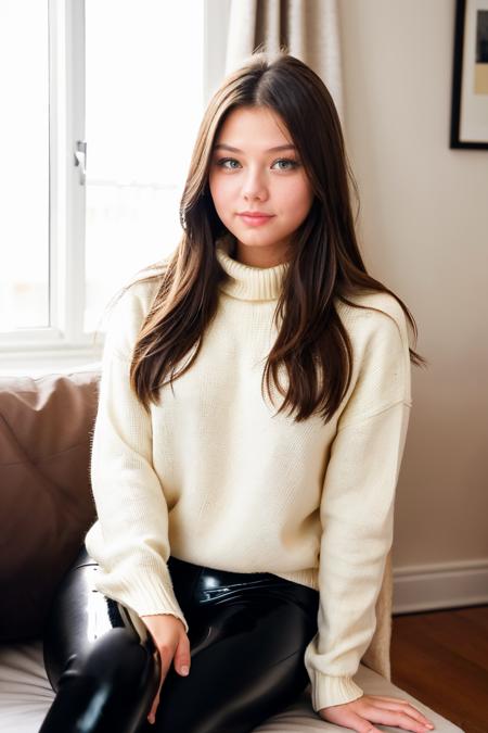 kleofia, <lora:kleofia:0.8>, long hair, modern photo, (wearing edgPO pullover, edgPO), <lora:edgPullovers:0.6>, (wearing shiny leggings), (cowboy shot), (35mm, F/2.8) Photo Focus, DOF, Aperture, insanely detailed and intricate, character, hypermaximalist, beautiful, revealing, appealing, attractive, amative, hyper realistic, super detailed, beautiful girl, ((detailed eyes)), long eyelashes, (glossy lips), sitting in her stylish apartment, soft lighting, cosy atmosphere