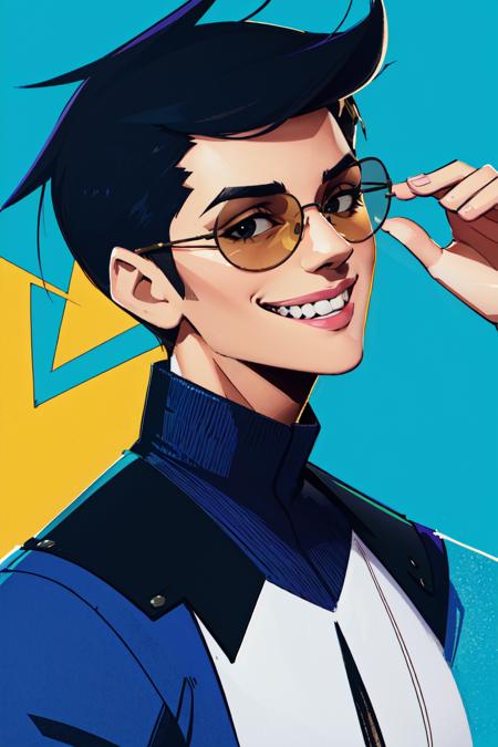 masterpiece, best quality:1.2),intricate details, Nemstyle, solo, looking at viewer, smile, simple background, black hair, 1boy, male focus, glasses, grin, blue background, sunglasses, portrait, aqua background<lora:NemstyleV1:1>