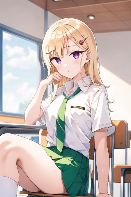 Saki, blonde hair, hairpin, tied hair,  white shirt, green tie, (school uniform), purple eyes, school, classroom, sitting on chair