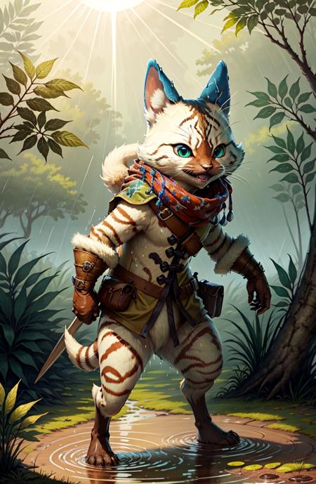 palico, fur, adventurer gear,  <lora:Race - Palico:1> detailed background, god rays, sun, non-human, furry, standing, dynamic pose, jungle, rain, wet, partially submerged, trees,