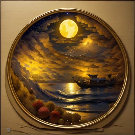 Ship, small ship, moon, sky, <lora:ship-HXZ:0.7>Teak ,garnet, lemon yellow,moon,