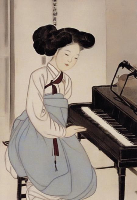 shinyunbok painting, a girl playing piano <lora:yunbok:1>