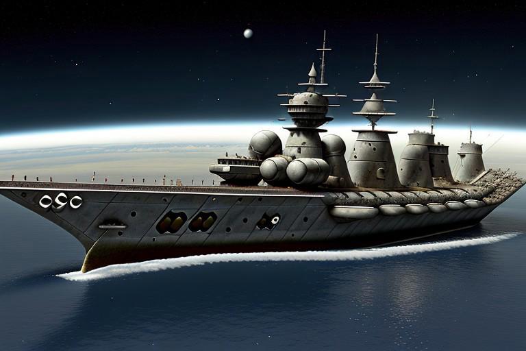 a space pirate battleship among the ruins of an advanced, futuristic city