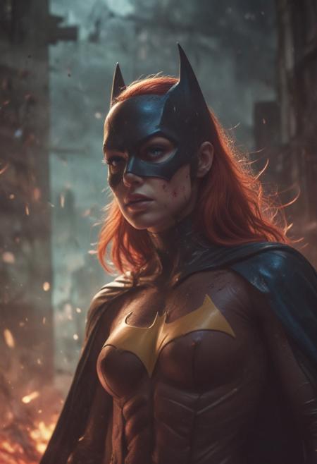 High resolution ultra-realistic of beautiful realistic Batgirl fighting against alien invasion, cinematic style, standing on a bloody and stormy battlefield in a fighting pose, bloody massacre, realistic modern combat costume, black mask, red cape, perfect athletic figure, wavy red hair, handsome dirty bloody face, beautiful perfect detailed pupils, wet oily shiny skin, covered in dirt and blood, beautiful firm Breasts, defiant and seductive, sexy 20 year old girl, 8k resolution concept art portrait by Greg Rutkowski, Dark Gotham City, realistic blue eyes, full body,  gazing straight ahead, Artgerm, WLOP, Alphonse Mucha, dynamic lighting, hyperdetailed, intricately detailed, Splash art trending on Artstation triadic colors, Unreal Engine, 5 volumetric lighting, Cinematic Lighting, intricate, smooth, sharp focus digital painting, Asymmetrical Balance, painting, dynamic lighting