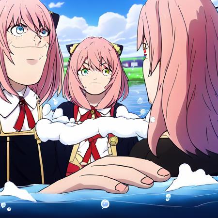 4k,a cute girl standing in water,lake,grassland,shining,surrounded by colorful bubbles,colorful,water splashing,detailed anime style,pink hair,school uniform,anya  \(spy x family\),<lora:anya  (spy x family):1>,, <lora:memehand:0.85>    ,holdmyhand